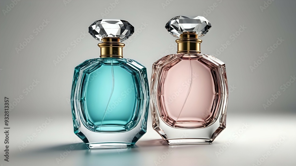 Two elegant perfume bottles with diamond-shaped stoppers on a white background. Two elegant perfume bottles with diamond-shaped stoppers on a white background.