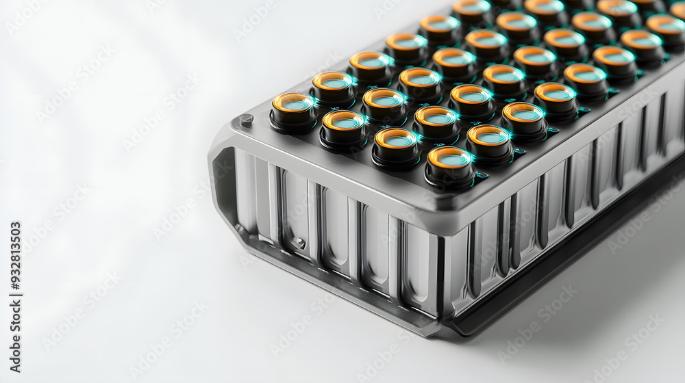 An EV battery module with cylindrical cells, depicted in a realistic style on a white background, representing energy storage technology. 3D Rendering An EV battery module with cylindrical cells, depicted in a realistic style on a white background, representing energy storage technology. 3D Rendering