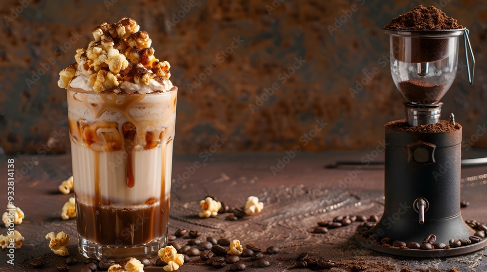 Fototapeta premium Sweet Milkshake with caramel syrup,cream liqueur,caramel popcorn and chocolate powder on brown background with vintage,manual coffee grinder.