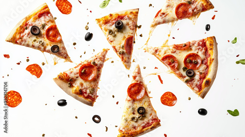 “Pizza slices flying through the air, isolated on a white background. The scene features delicious pepperoni pizza slices with melting cheese, along with pepperonis and olives,  photo