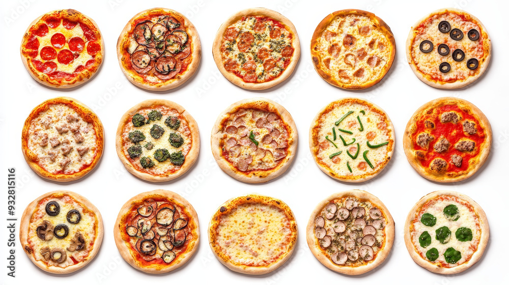 “Top view of a set of different pizzas, arranged in various styles and toppings, isolated on a white background. The assortment highlights a range of flavors and ingredients, showcasing the diversity 