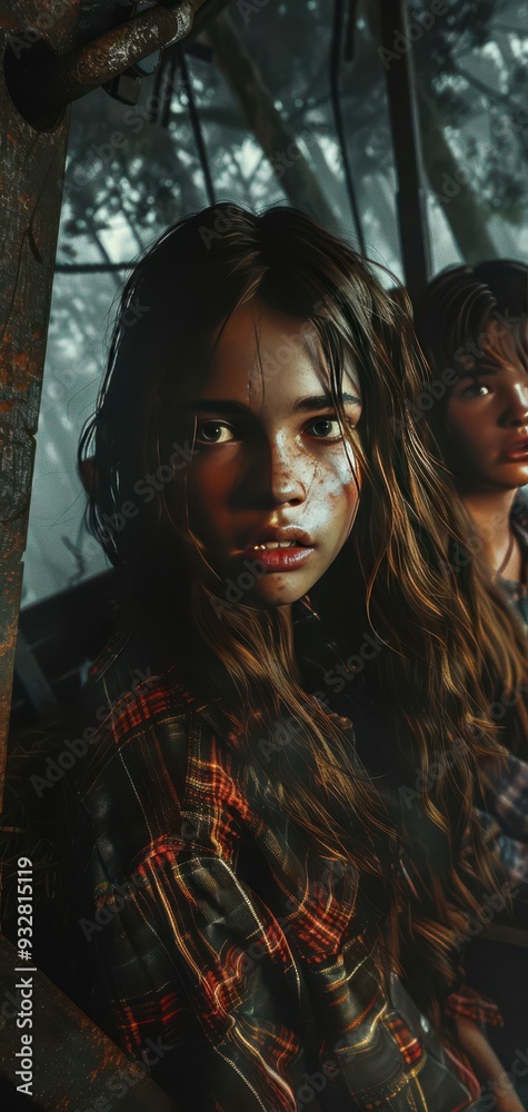 Obraz premium Moody portrait of young girls in forest, diffused light, intense expressions, vintage plaid clothing, natural setting.