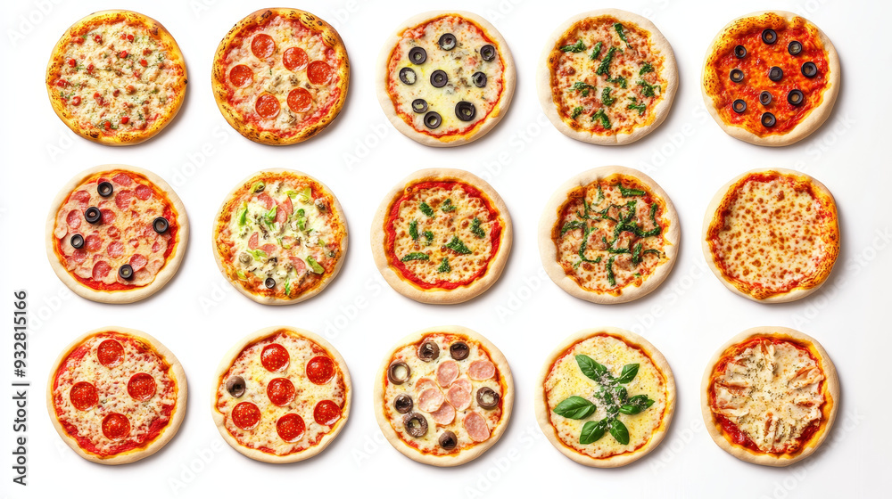 “Top view of a set of different pizzas, arranged in various styles and toppings, isolated on a white background. The assortment highlights a range of flavors and ingredients, showcasing the diversity “Top view of a set of different pizzas, arranged in various styles and toppings, isolated on a white background. The assortment highlights a range of flavors and ingredients, showcasing the diversity