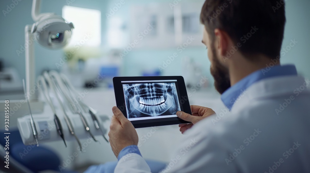 a dentist looking at an x-ray on a tablet computer a dentist looking at an x-ray on a tablet computer