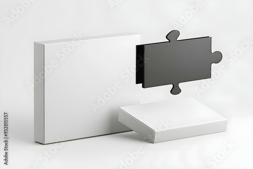 White Box, Blank Puzzle game Mockup with Box, Clear Jigsaw pieces, big board tempelate, puzzle packaging 3D Rendered Isolated on a light background photo