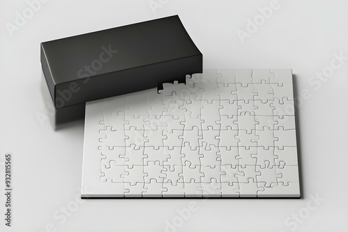 White Box, Blank Puzzle game Mockup with Box, Clear Jigsaw pieces, big board tempelate, puzzle packaging 3D Rendered Isolated on a light background
