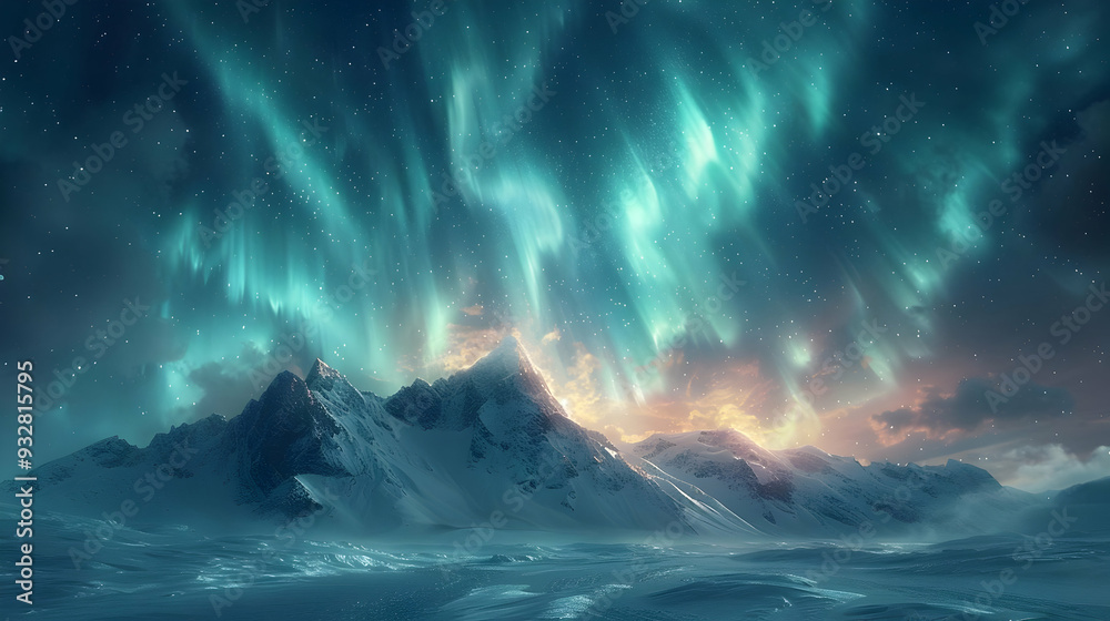 Fototapeta premium Snowy Mountain Landscape with Northern Lights Illustration