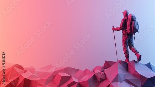Exploring the Low-Poly Mountain Wonderland: 3D Hiker Silhouette at Sunrise, Generative Ai