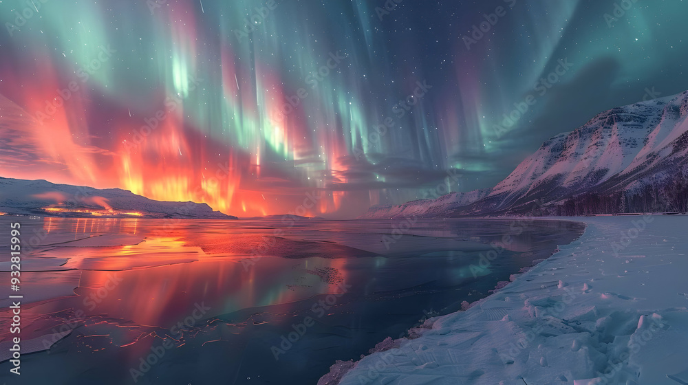 Obraz premium Northern Lights Reflecting in Frozen Lake - Landscape Photography