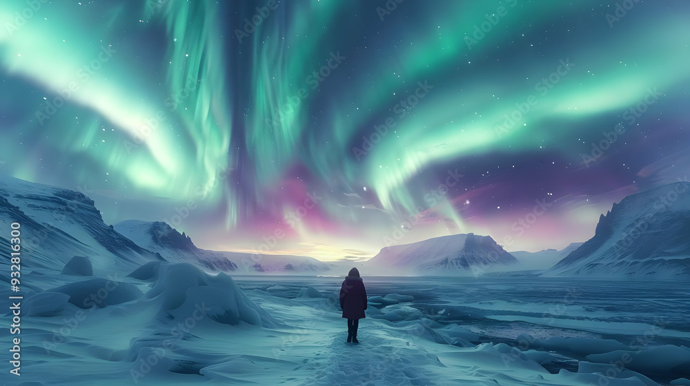 Obraz premium Aurora Borealis Over Snowy Mountains - Landscape Photography