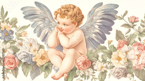 Adorable cherub angel with delicate floral accents for your design projects.