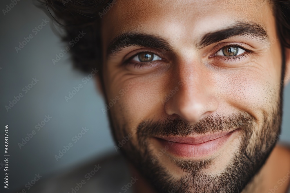 Fototapeta premium Close-up of smiling man with beard and bright eyes.