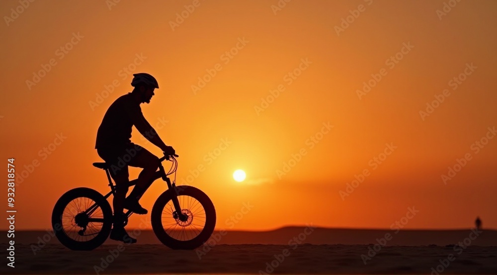 Obraz premium Silhouette of a cyclist against a stunning sunset, ideal for travel, adventure themes, or wellness projects with copy space.