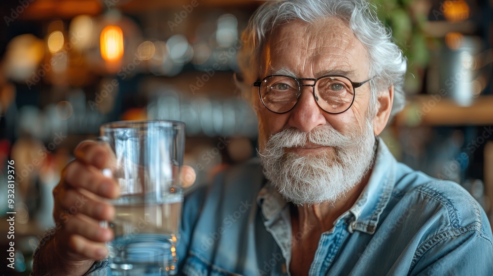 senior man drinking water in the kitchen senior man drinking water in the kitchen