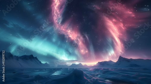 Snowy Mountains Under A Vibrant Aurora Borealis - Landscape Photography