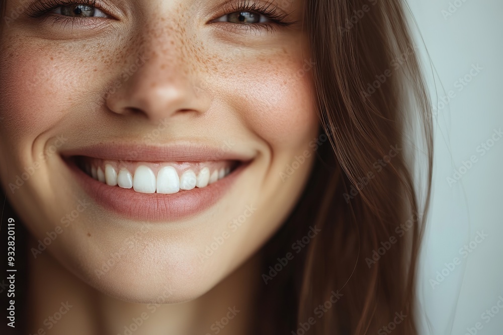 Close-up of smiling woman with freckles and perfect teeth Close-up of smiling woman with freckles and perfect teeth
