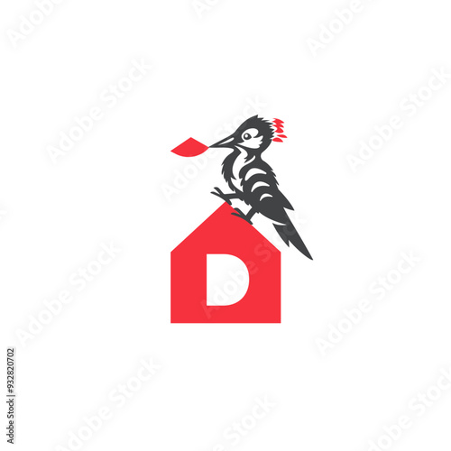 Logo woodpecker repairs the house. Logo in vector, flat style. photo