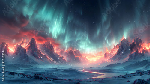 Snowy Mountains Under a Vibrant Aurora Borealis Illustration