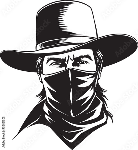 masked cowboy silhouette vector art illustration