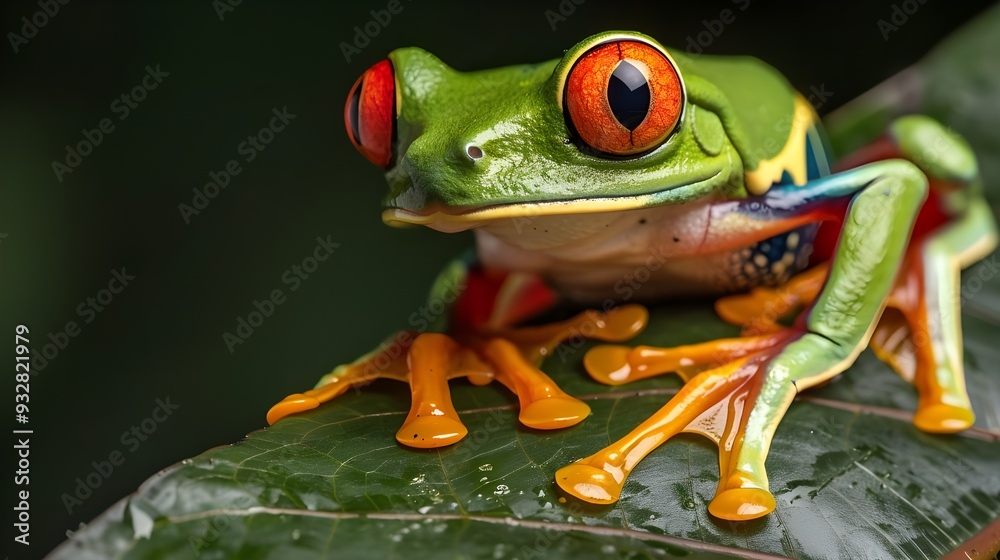 Close up shot of a green frog on a leaf Close up shot of a green frog on a leaf