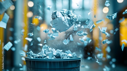 Crumpled Paper Waste Flying Toward Open Trash Bin with Motion Blur Effects photo