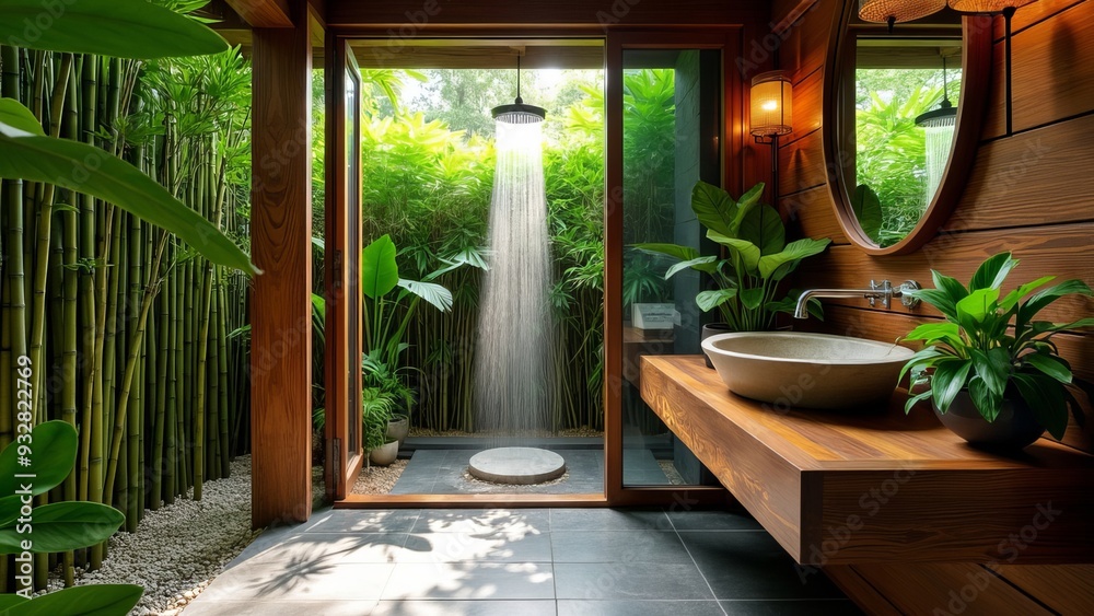 Fototapeta premium An exotic tropical outdoor bathroom surrounded by lush greenery and bamboo.
