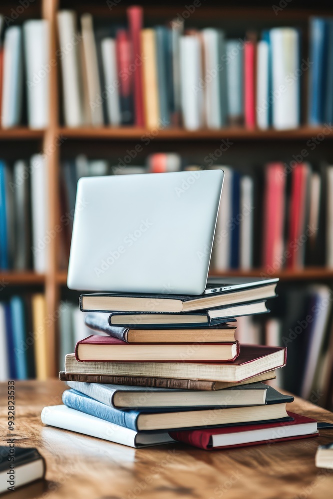 Laptop and books on a wooden desk in a modern office on a blurry background Laptop and books on a wooden desk in a modern office on a blurry background