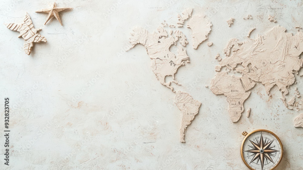 Fototapeta premium Nostalgic Voyage: Vintage Paper Art Map with Compass and Blank Parchment for Text, Travel and Historic Journey Concept, Generative Ai