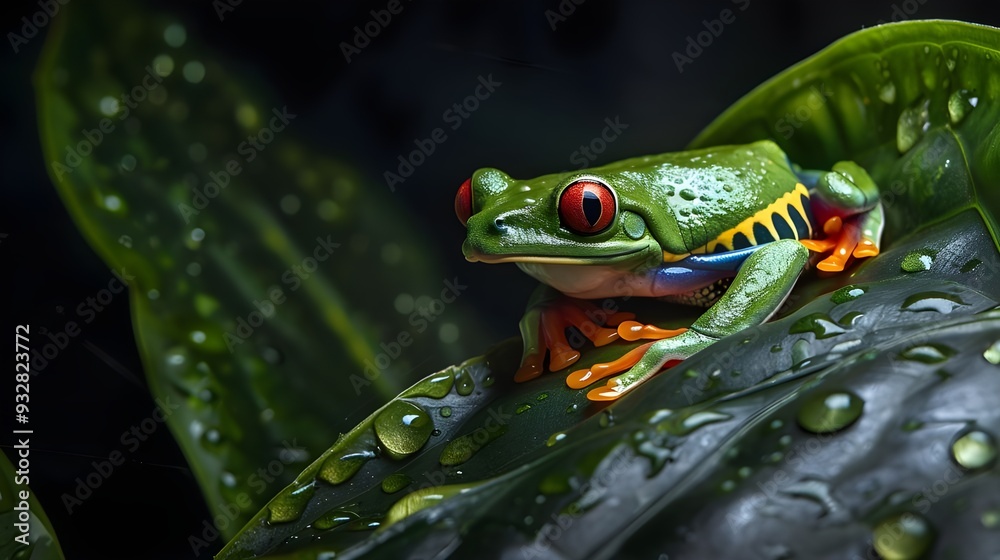 Obraz premium Close up shot of a green frog on a leaf