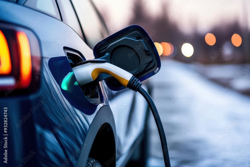 Close-up of an electric car charging at a station with blurred city lights in the background. The image captures the concept of clean energy and modern transportation technology.