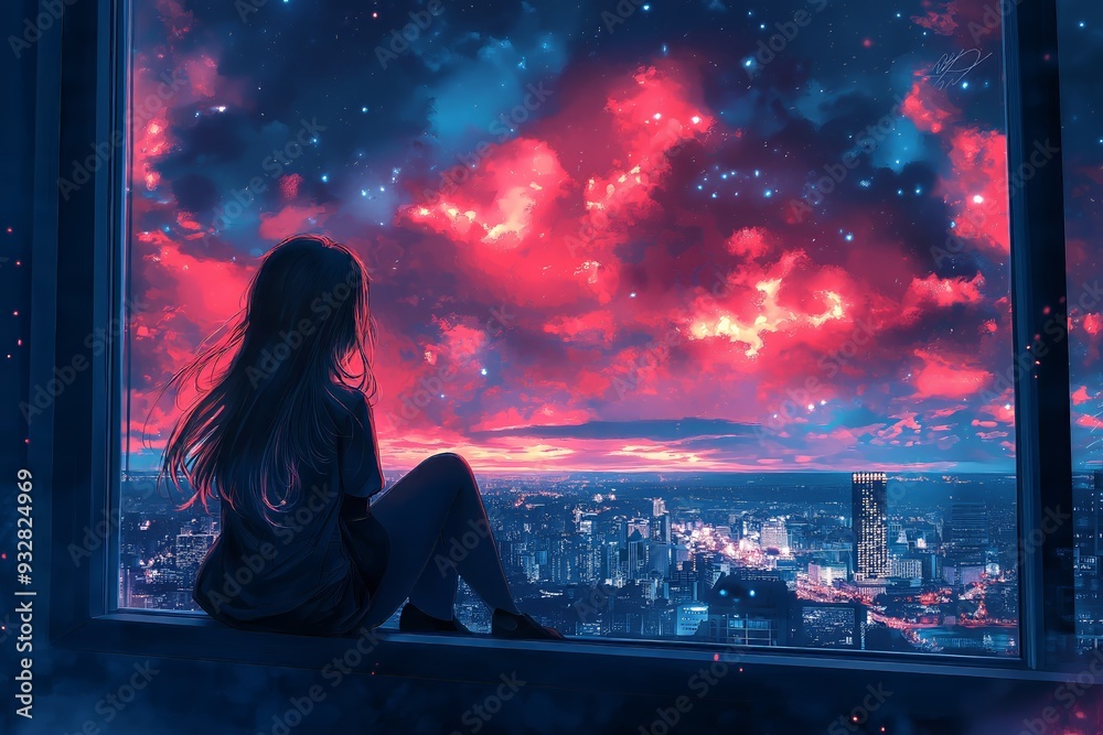 A contemplative young woman gazes out at a vibrant city sunset. A contemplative young woman gazes out at a vibrant city sunset.
