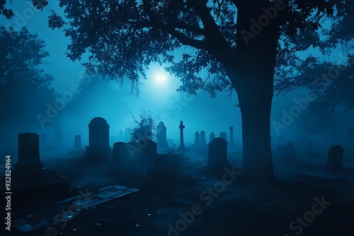 Eerie Silhouettes of Tombstones in a Foggy Graveyard Under the Moonlight