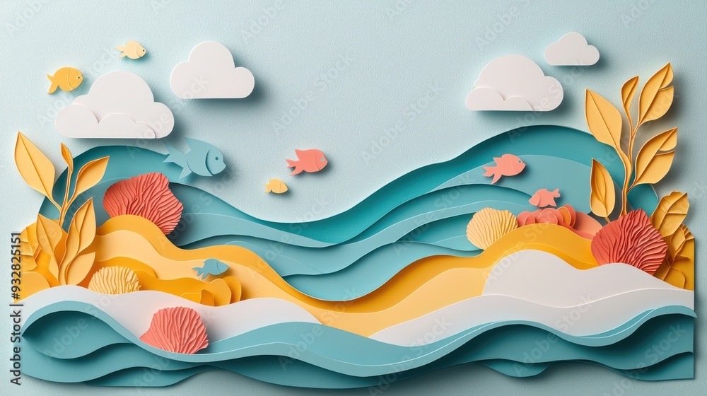 Vibrant Paper-Cut Tropical Reef Underwater Scene with Fish and Space for Text, Ideal for Travel Concepts and Underwater Exploration, Generative Ai