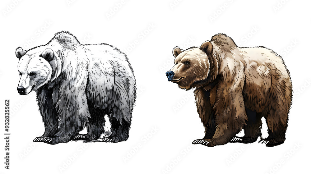 Obraz premium On the left, a black and white simple children's coloring book illustration featuring a grizzly bear with no shading