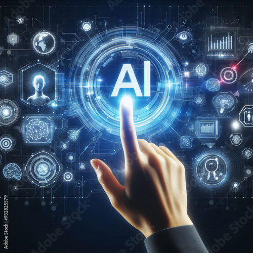 AI concept with businessman hand pressing a button on a technology screen photo