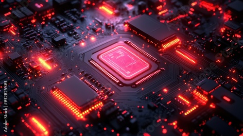 A close-up view of a glowing circuit board with red lights.