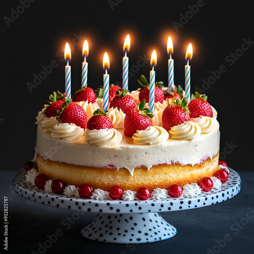 A birthday cake with strawberries on it and a cake with candles lit up isolated black background