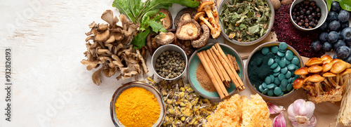 Adaptogen healthy food. Herb and spice collection on light background