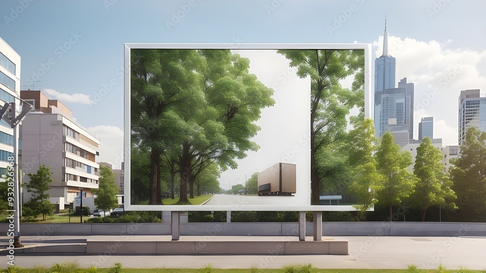 For advertising mockups, a blank billboard in an urban area with trees and buildings For advertising mockups, a blank billboard in an urban area with trees and buildings