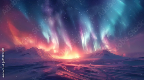 Wallpaper Mural Aurora Borealis Over Snowy Mountains - Illustration Torontodigital.ca