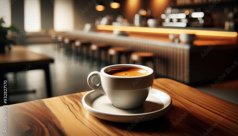 Fototapeta premium a Lungo served in a sleek, white ceramic cup with a matching saucer. The Lungo should feature a larger volume of espresso compared to a standard shot