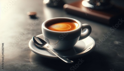 a Ristretto served in a small, elegant white ceramic cup. The Ristretto should feature a rich, dark espresso with a thick, golden crema on top, highlighting its concentrated flavor.