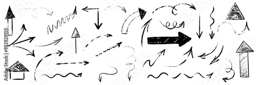 Hand drawn scribble crayon set. Squiggle doodle arrow star set. Crayon texture shape naive. Vector illustration