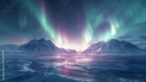 Aurora Borealis Over Snowy Mountains - Realistic Image