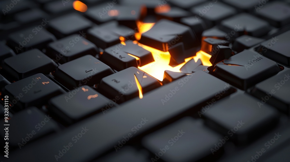A keyboard with a fiery explosion in the center A keyboard with a fiery explosion in the center
