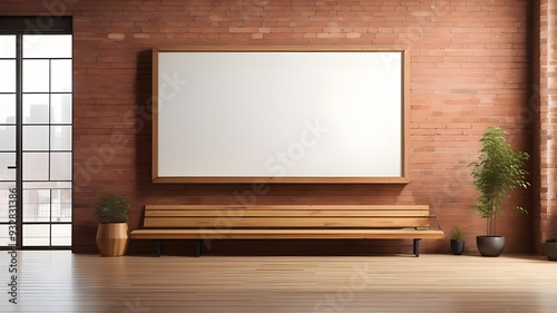 A large, blank billboard with a brick wall and wooden furnishings in an indoor setting is part of an advertisement mockup concept.