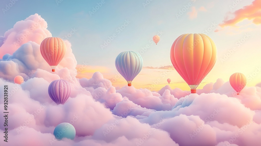 Colorful hot air balloons flying above clouds. Abstract concept of freedom, travel, and adventure. Colorful hot air balloons flying above clouds. Abstract concept of freedom, travel, and adventure.