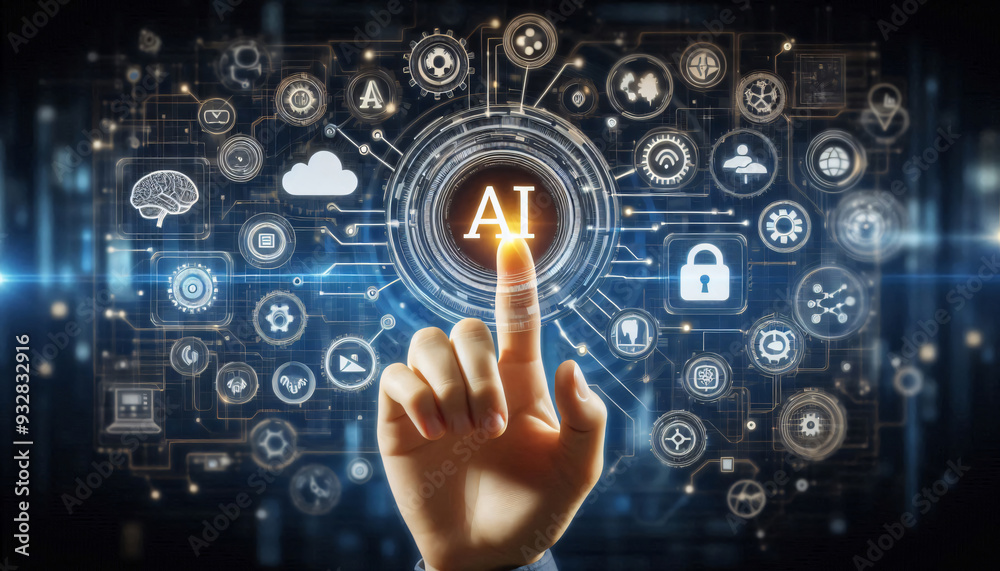 AI concept with businessman hand pressing a button on a technology screen AI concept with businessman hand pressing a button on a technology screen