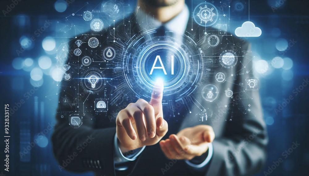 Businessman touching on screen interface AI (Artificial Intelligence) concept Businessman touching on screen interface AI (Artificial Intelligence) concept