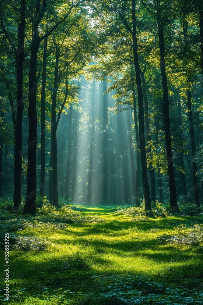 Obraz premium Serene Forest with Sun Rays and Mist